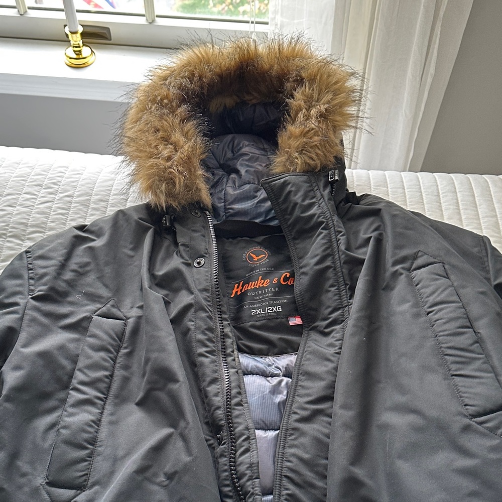 Hawke & Co Men's Charcoal Puffer Jacket with Fur Hood 
Never worn